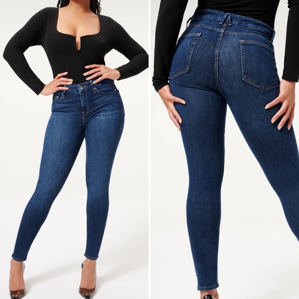 Good American High Rise Skinny Jeans in Dark Blue Wash
